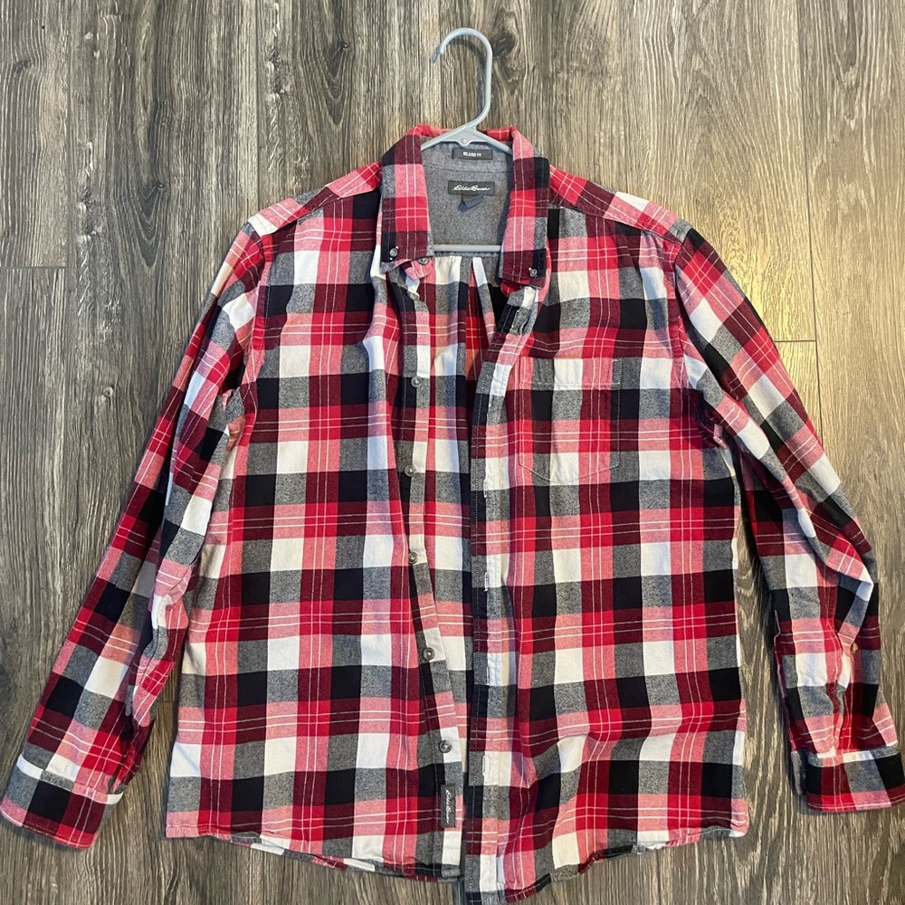 Eddie Bauer Flannel Shirt Mens Large Red Plaid Long Sleeve Button Up size Large